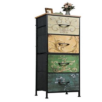 YIORTWO 4 Drawer Vintage Fabric Storage Dresser Wooden Top Steel Frame Bedroom Organizer