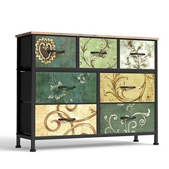 YIORTWO 7 Drawer Vintage Fabric Dresser Wooden Top Steel Frame Bedroom Storage Cabinet