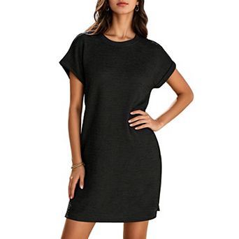 Women Crew Neck Rolled Short Sleeve Mini Dress Textured Loose Shift Casual Tunic Dress