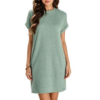 Women Crew Neck Rolled Short Sleeve Mini Dress Textured Loose Shift Casual Tunic Dress