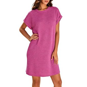 Women Crew Neck Rolled Short Sleeve Mini Dress Textured Loose Shift Casual Tunic Dress