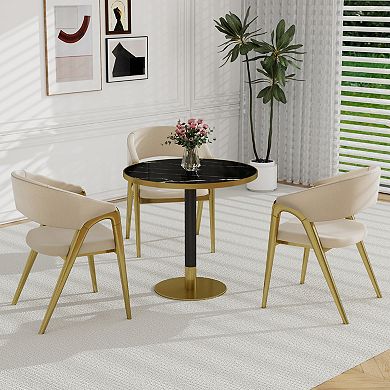 WOW PIONEER Modern Round Dining Table with Sturdy Metal Frame and Marble Top
