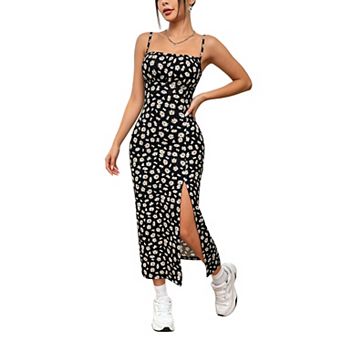 Women Spaghetti Strap Square Neck Midi Dress Ditsy Floral Ruched Bust High Slit Bodycon Sundress