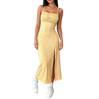 Women Spaghetti Strap Square Neck Midi Dress Ditsy Floral Ruched Bust High Slit Bodycon Sundress