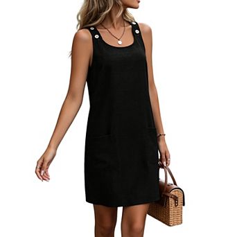 Women Scoop Neck Sleeveless Denim Look Mini Dress Button Strap Pocket Loose Casual Shift Dress