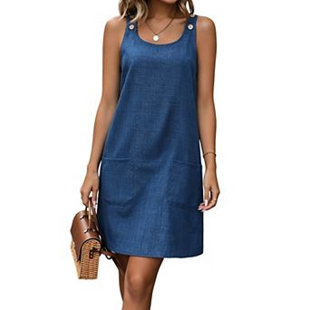 Women Scoop Neck Sleeveless Denim Look Mini Dress Button Strap Pocket Loose Casual Shift Dress