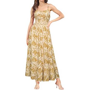 Women Spaghetti Strap Smocked Midi Dress Ruffle Hem Flowy A Line Summer Casual Vacation Sundress