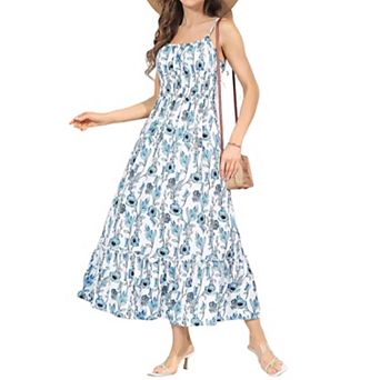 Women Spaghetti Strap Smocked Midi Dress Ruffle Hem Flowy A Line Summer Casual Vacation Sundress