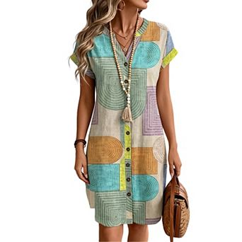 Women V Neck Cuffed Sleeve Midi Geometric Print Button Front Loose Linen Blend Shirt Dress