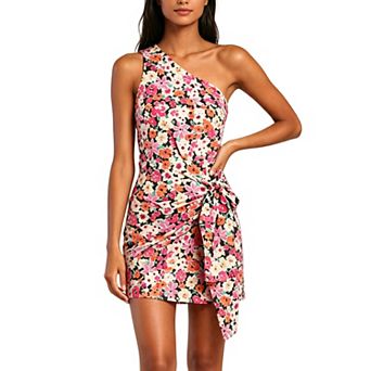 Women One Shoulder Floral Mini Dress Side Tie Wrap Ruched Asymmetrical Party Sundress