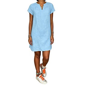 Women Short Sleeve Split V Neck Tunic Dress Loose Linen Blend Casual Shift Mini Dress Daily Travel