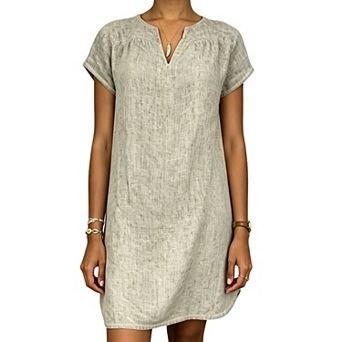 Women Short Sleeve Split V Neck Tunic Dress Loose Linen Blend Casual Shift Mini Dress Daily Travel