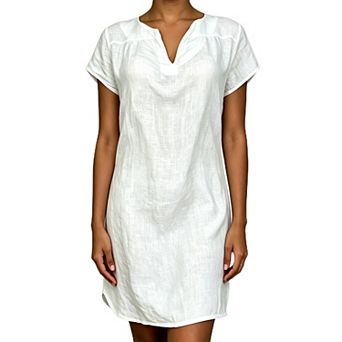 Women Short Sleeve Split V Neck Tunic Dress Loose Linen Blend Casual Shift Mini Dress Daily Travel