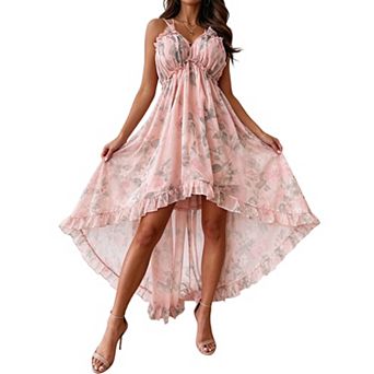 Women Spaghetti Strap V Neck Floral Dress Ruffle High Low Hem Flowy Chiffon Vacation Sundress