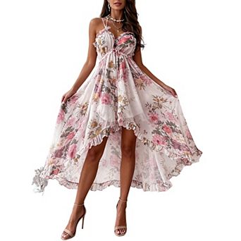 Women Spaghetti Strap V Neck Floral Dress Ruffle High Low Hem Flowy Chiffon Vacation Sundress
