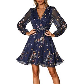 Women Long Sleeve Wrap V Neck Mini Dress Elastic Waist Chiffon Floral Swing Casual Vacation Dress