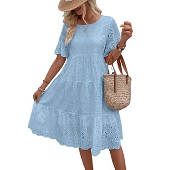 Women Round Neck Eyelet Embroidery Short Sleeve Tiered Ruffle A Line Midi Casual Vacation Dress