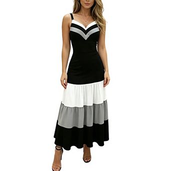 Women Spaghetti Strap V Neck Color Block Midi Tiered Ruffle Hem Slim Fit Casual Summer Sundress