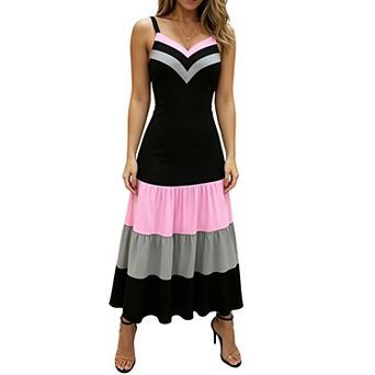 Women Spaghetti Strap V Neck Color Block Midi Tiered Ruffle Hem Slim Fit Casual Summer Sundress