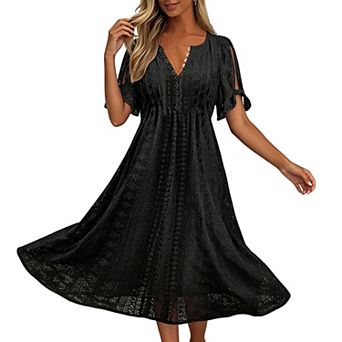 Women Eyelet Hollow Out V Neck Tie Short Sleeve Midi Dress Flowy A Line Casual Vacation Dress
