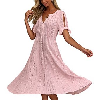 Women Eyelet Hollow Out V Neck Tie Short Sleeve Midi Dress Flowy A Line Casual Vacation Dress