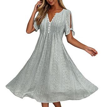 Women Eyelet Hollow Out V Neck Tie Short Sleeve Midi Dress Flowy A Line Casual Vacation Dress