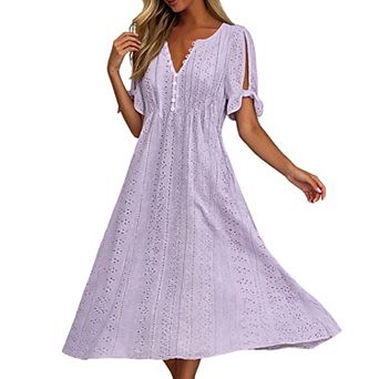 Women Eyelet Hollow Out V Neck Tie Short Sleeve Midi Dress Flowy A Line Casual Vacation Dress