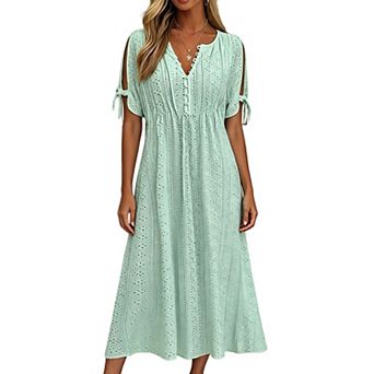 Women Eyelet Hollow Out V Neck Tie Short Sleeve Midi Dress Flowy A Line Casual Vacation Dress