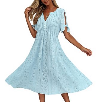 Women Eyelet Hollow Out V Neck Tie Short Sleeve Midi Dress Flowy A Line Casual Vacation Dress