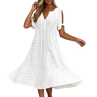 Women Eyelet Hollow Out V Neck Tie Short Sleeve Midi Dress Flowy A Line Casual Vacation Dress