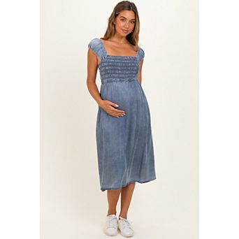 Maternity Denim Chambray Smocked Midi Dress