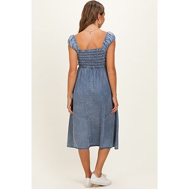Maternity Denim Chambray Smocked Midi Dress