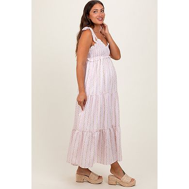 Maternity Floral Striped Smocked Shoulder Tie Maxi Dress