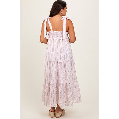 Maternity Floral Striped Smocked Shoulder Tie Maxi Dress