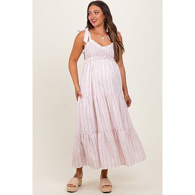 Maternity Floral Striped Smocked Shoulder Tie Maxi Dress