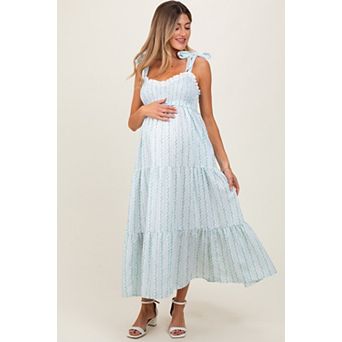 Maternity Floral Striped Smocked Shoulder Tie Maxi Dress