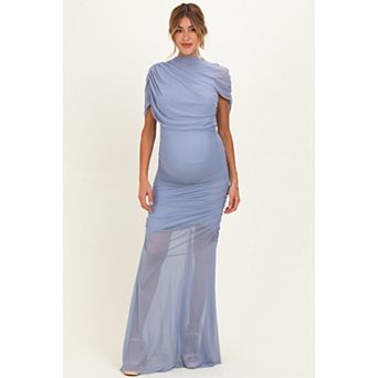Maternity Draped Bodice Ruched Mesh Maxi Dress