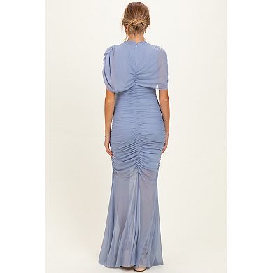 Maternity Draped Bodice Ruched Mesh Maxi Dress