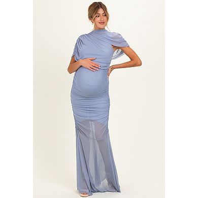 Maternity Draped Bodice Ruched Mesh Maxi Dress