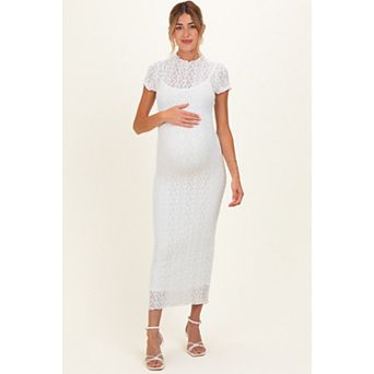Maternity Sheer Lace Overlay Short Sleeve Midi Dress