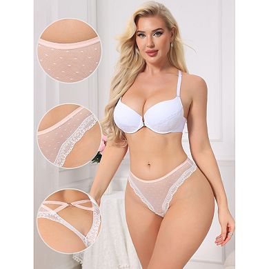 3 Packs Women's Lace Sheer Mesh Underwear Low Rise Bikini Polka Dot See Through Thongs