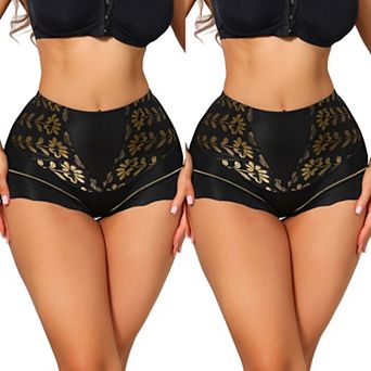 2 Packs Women's High Waisted Lace Tummy Control Boyshorts Ice Silk Hip Lifting Shaper Panties