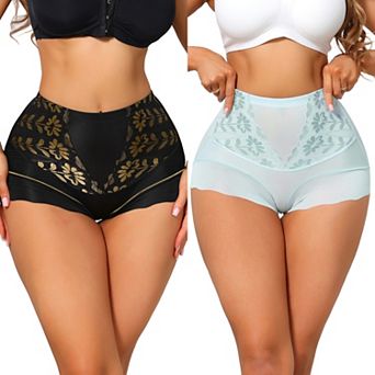 2 Packs Women's High Waisted Lace Tummy Control Boyshorts Ice Silk Hip Lifting Shaper Panties
