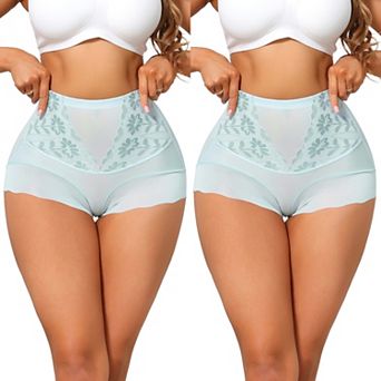 2 Packs Women's High Waisted Lace Tummy Control Boyshorts Ice Silk Hip Lifting Shaper Panties