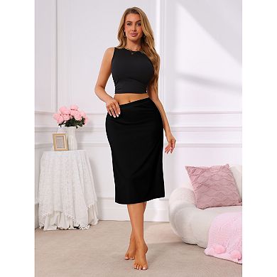Women's Solid Long Half Slip Lightweight Under Dress Seamless Layer Elastic Waist Underskirt
