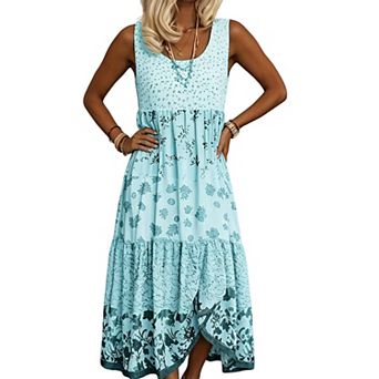 Women Sleeveless Scoop Neck Tiered Midi Dress Floral Print Loose Flowy A Line Casual Vacation Dress