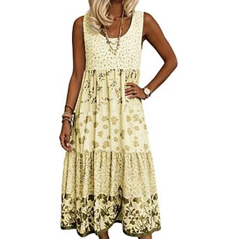 Women Sleeveless Scoop Neck Tiered Midi Dress Floral Print Loose Flowy A Line Casual Vacation Dress