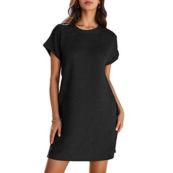 Women Crew Neck Rolled Short Sleeve Mini T Shirt Dress Textured Loose Casual Daily Shift Dress