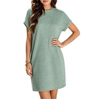 Women Crew Neck Rolled Short Sleeve Mini T Shirt Dress Textured Loose Casual Daily Shift Dress