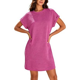 Women Crew Neck Rolled Short Sleeve Mini T Shirt Dress Textured Loose Casual Daily Shift Dress